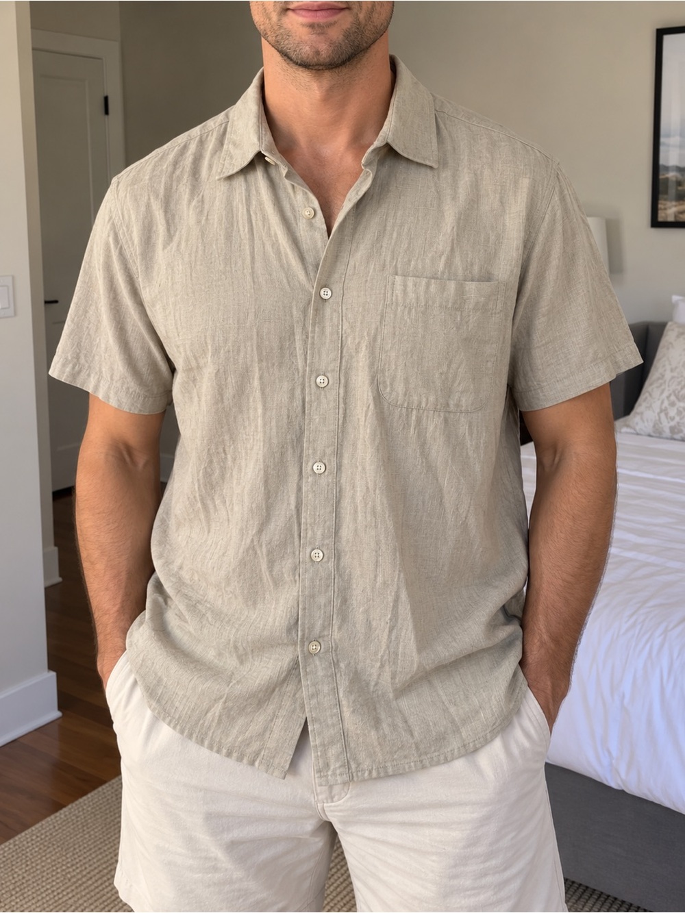 Club Room Beige Short Sleeve Linen-Blend Button-Down Shirt